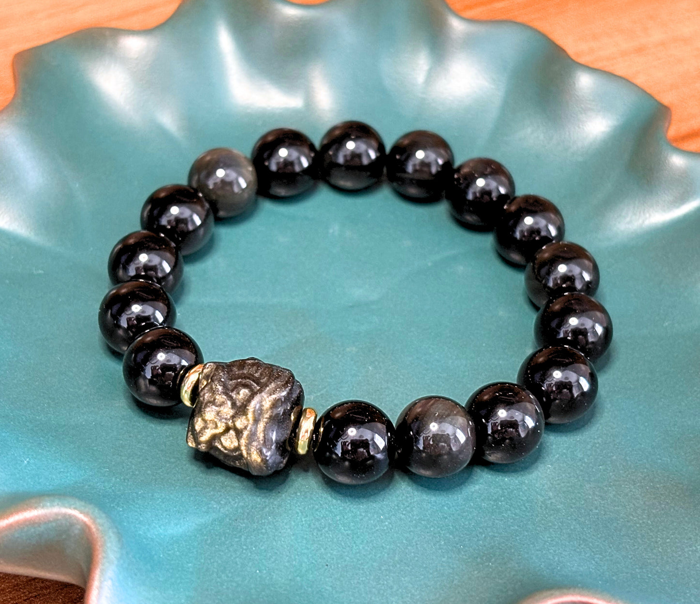 天然金曜石醒獅雙眼黑曜石手串 — 事事如意,守護相隨