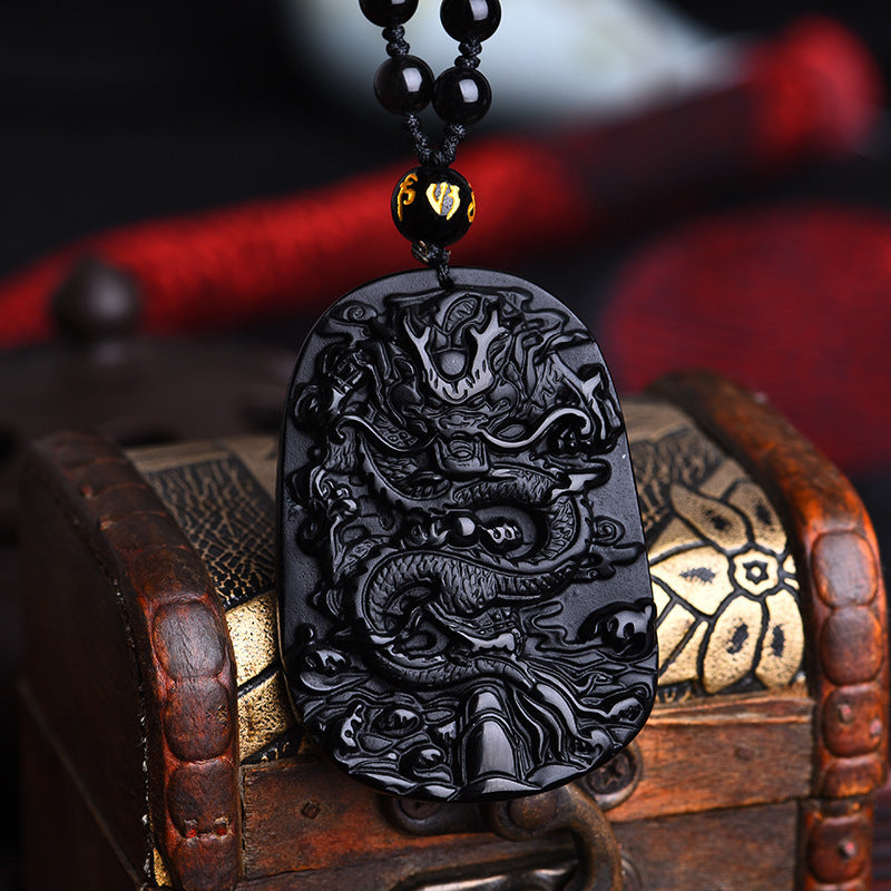 Natural Black Obsidian Dragon Amulet Necklace - Symbolizing Protection, Luck, and Success