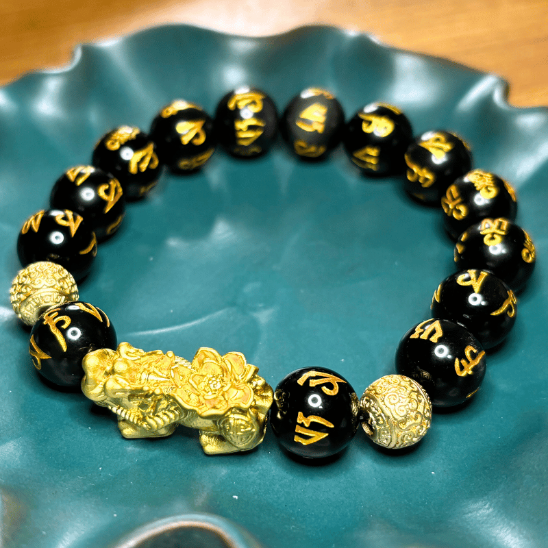Natural obsidian sand gold Pixiu six-character mantra bracelet - to attract wealth and ward off evil spirits