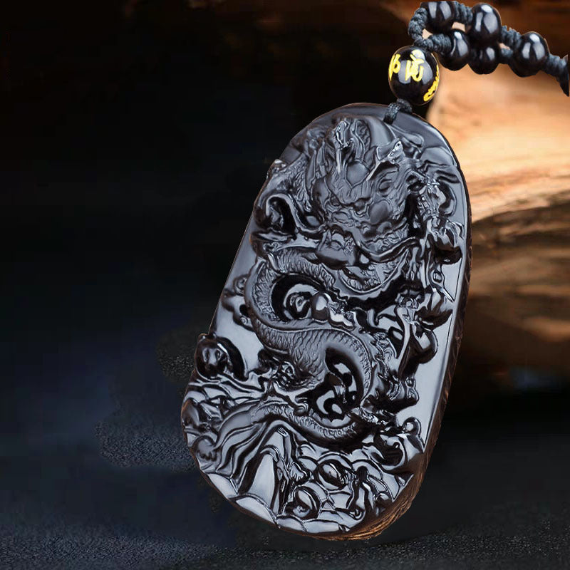 Natural Black Obsidian Dragon Amulet Necklace - Symbolizing Protection, Luck, and Success