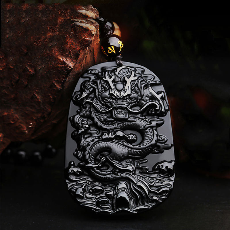 Natural Black Obsidian Dragon Amulet Necklace - Symbolizing Protection, Luck, and Success