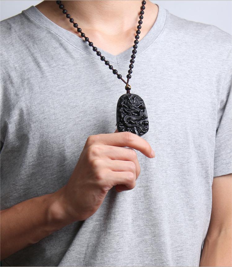 Natural Black Obsidian Dragon Amulet Necklace - Symbolizing Protection, Luck, and Success