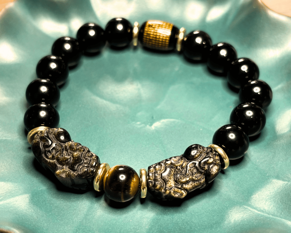 Natural Gold Obsidian Double Pixiu Obsidian Bracelet - Represents wealth and aura