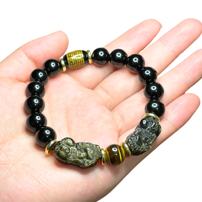 Natural Gold Obsidian Double Pixiu Obsidian Bracelet - Represents wealth and aura