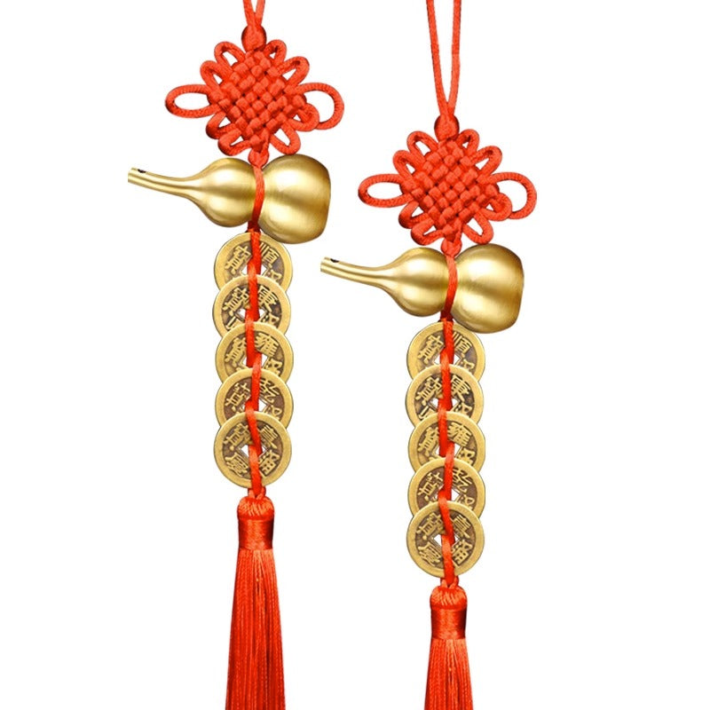 Five Emperors' Coins Chinese Knot Cinnabar Copper Gourd hanging ornament